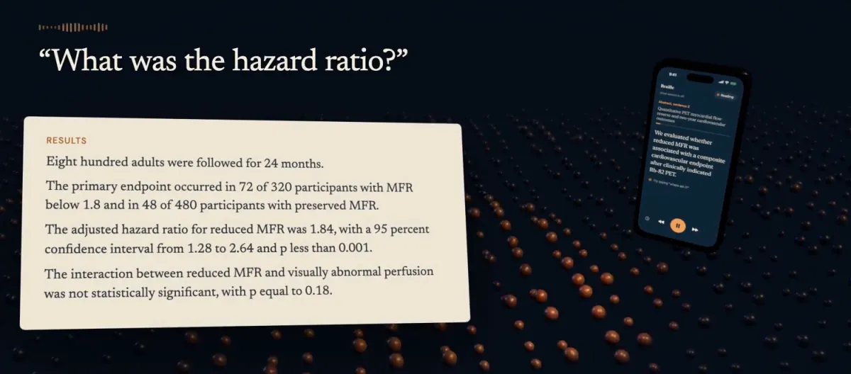 A spoken question, "What was the hazard ratio?", with the answer quoted from the paper's results beside an iPhone running Braille.