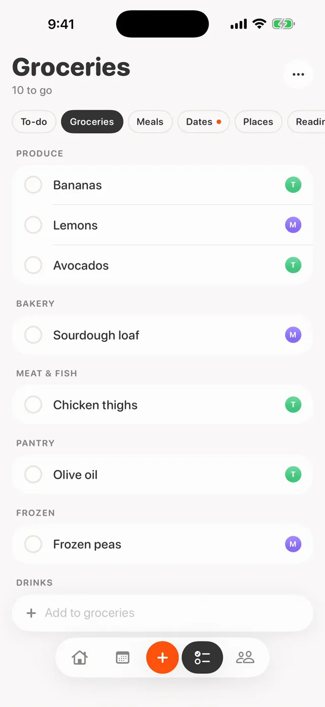 Maya’s Groceries list with Bananas at the top, marked with Theo’s green T.