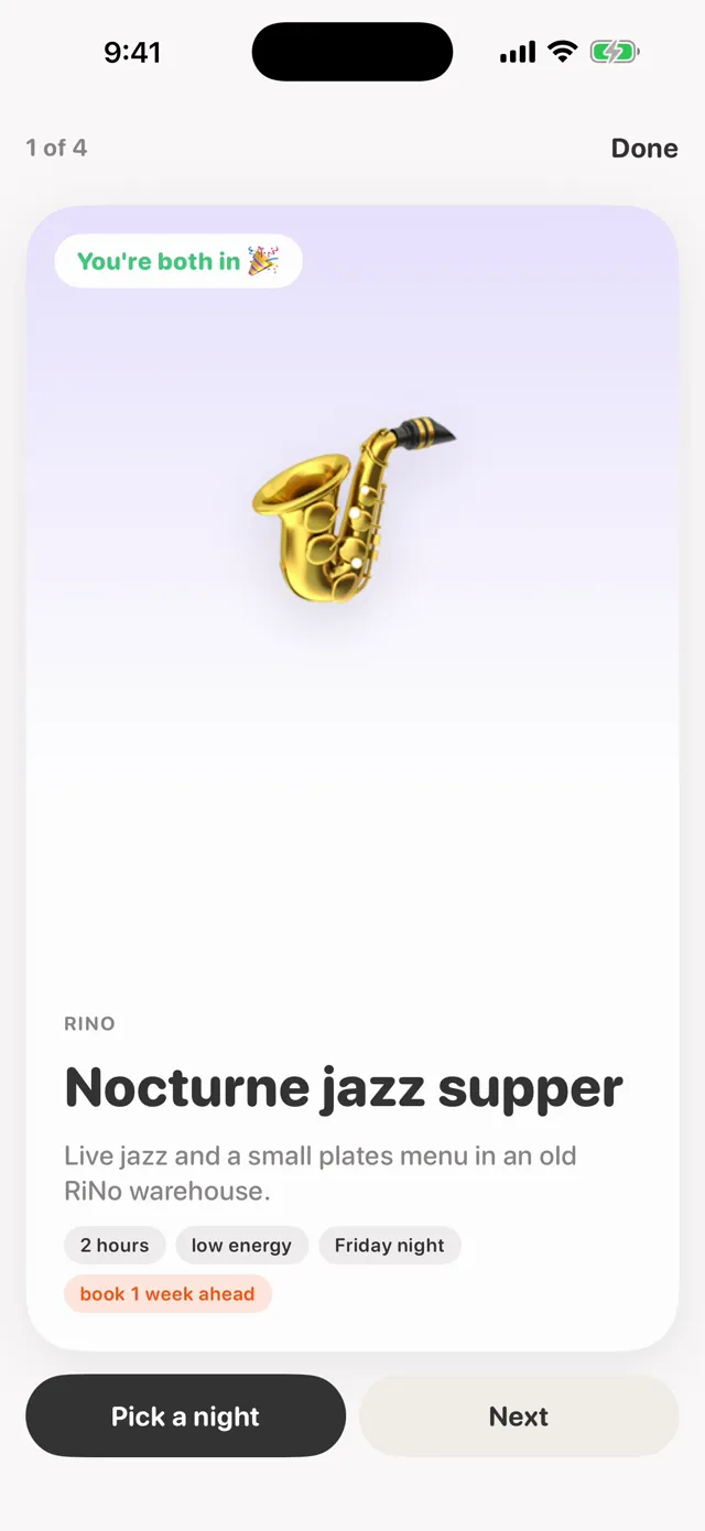A date idea card, Nocturne jazz supper, marked You’re both in, with a Pick a night button.