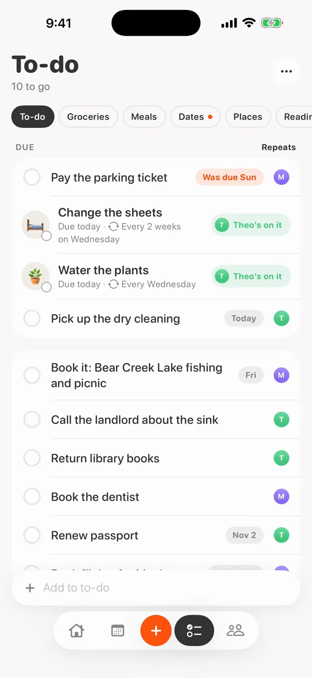 The To-do list. Change the sheets and Water the plants are due today, and both read Theo’s on it.