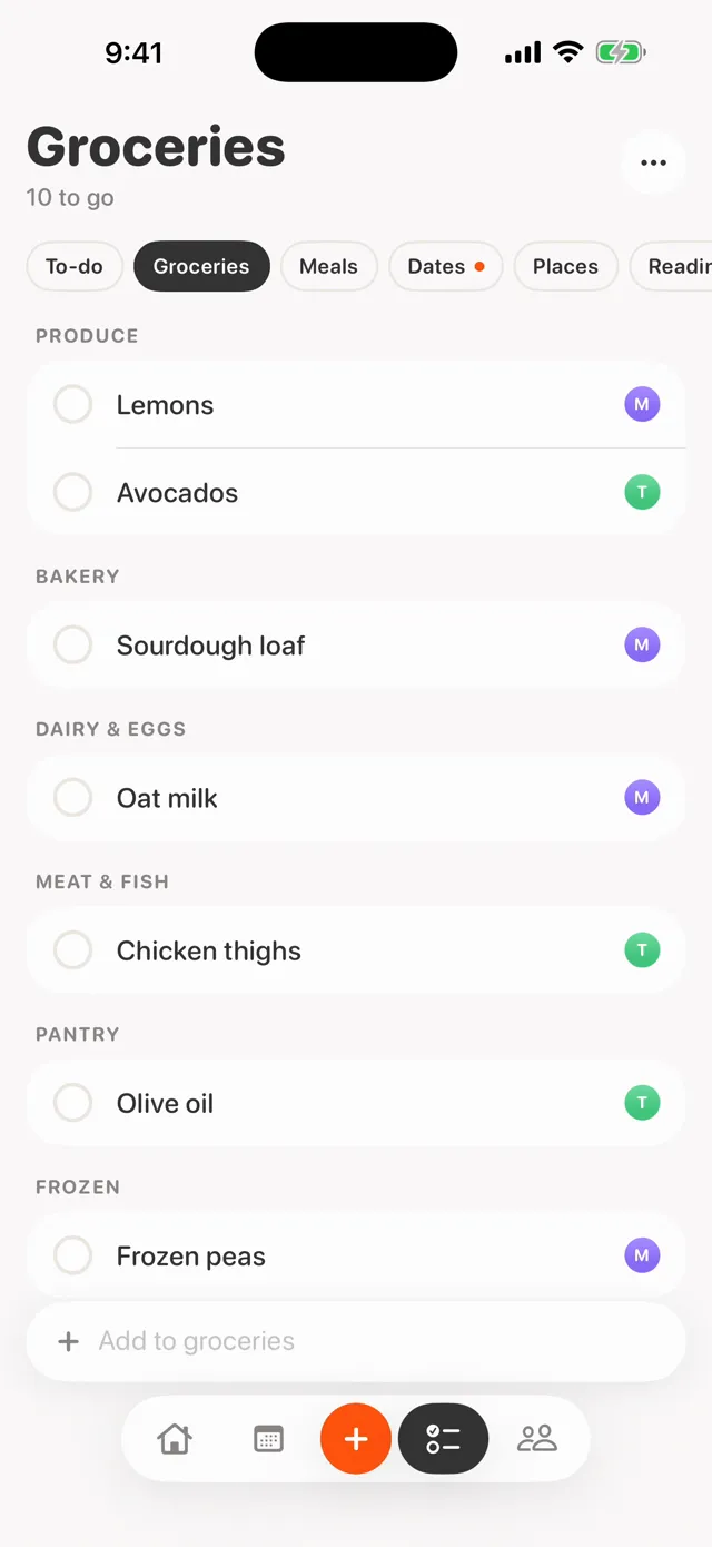 Theo’s phone showing the same Groceries list, with the same colors.
