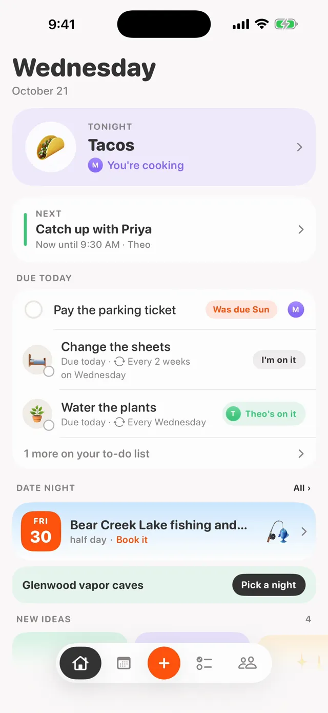 Kindred’s Home screen for Wednesday: tonight is Tacos and Maya is cooking, then the next event and what’s due today.