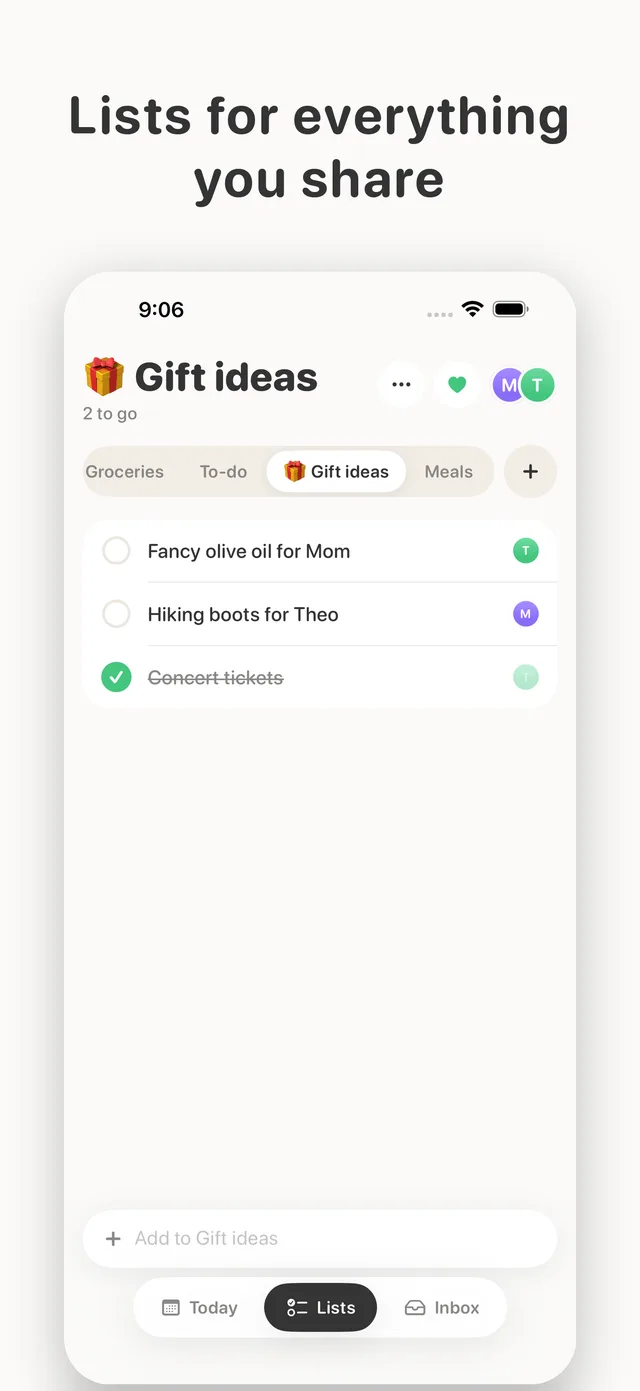 A custom list called Gift ideas, with its own emoji, next to Groceries and To-do.