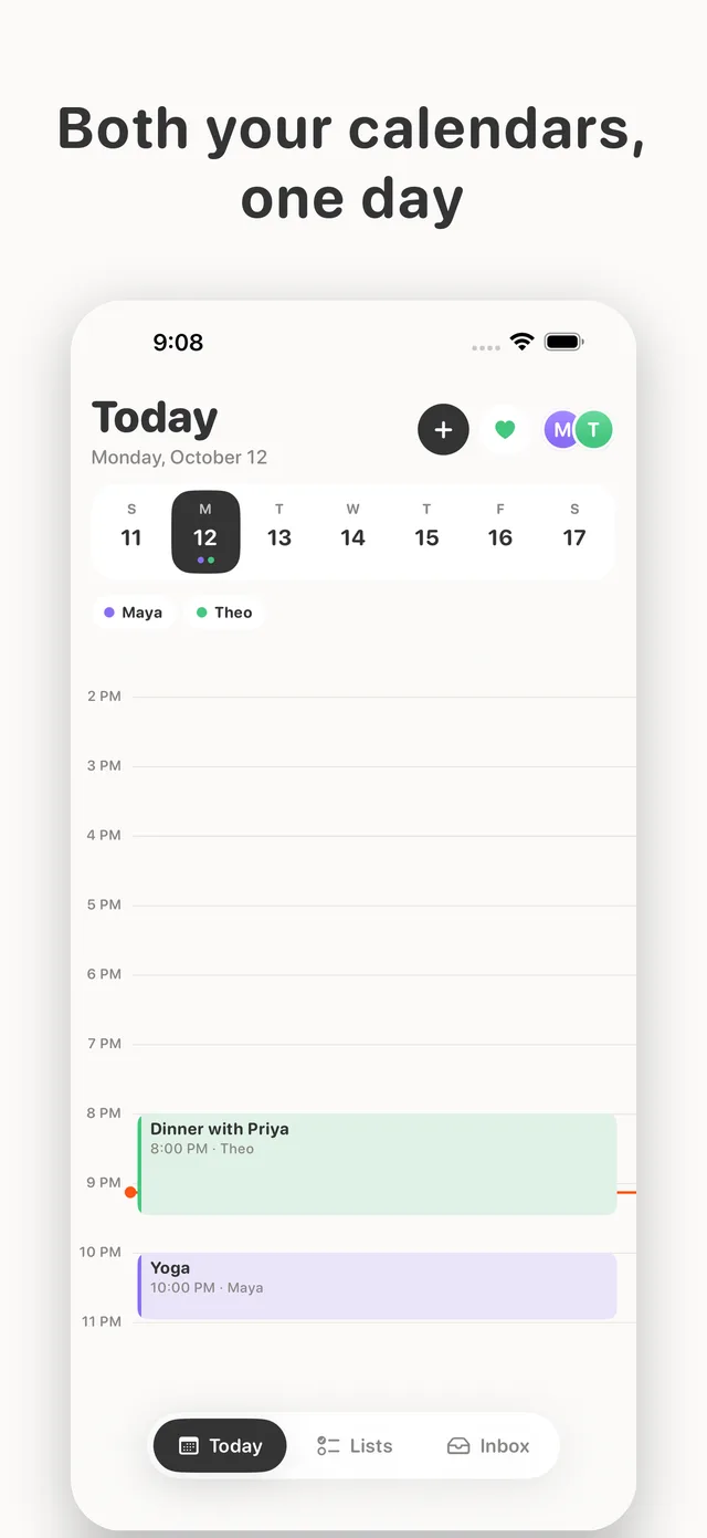 The old first screen, Today, with a week strip and both people's events on one timeline, and a Today, Lists, Inbox tab bar.
