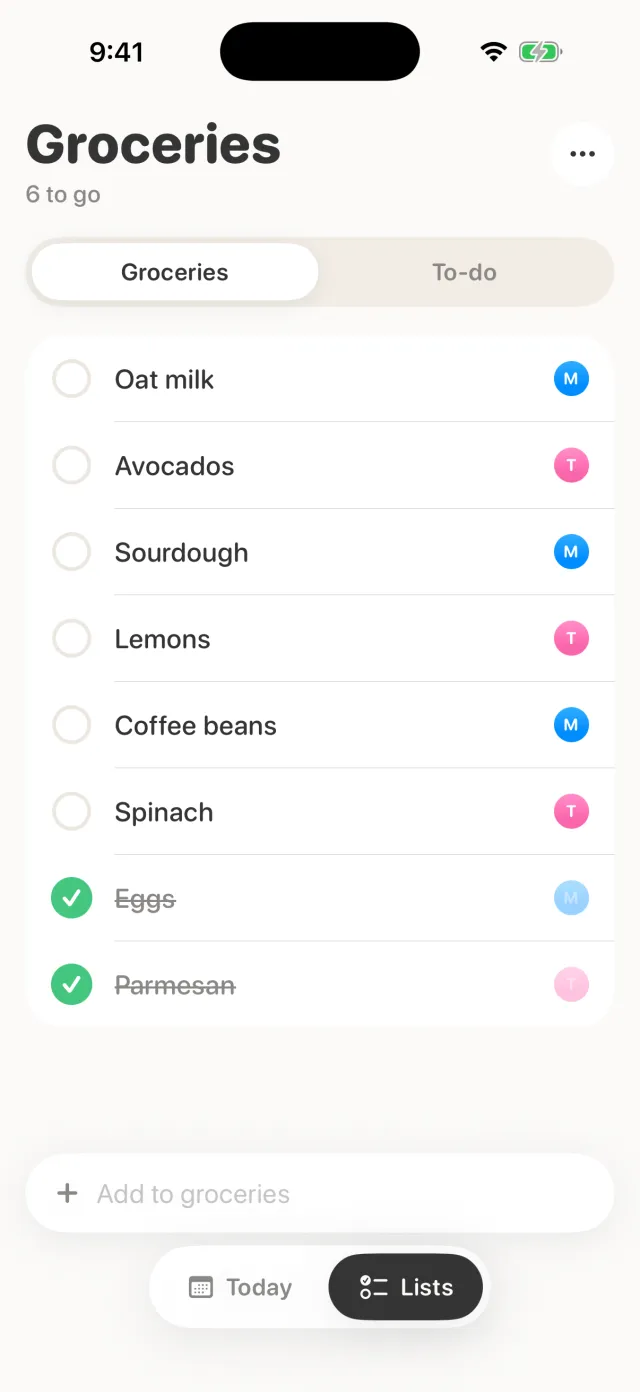 Kindred's Groceries list with items checked off by two people.