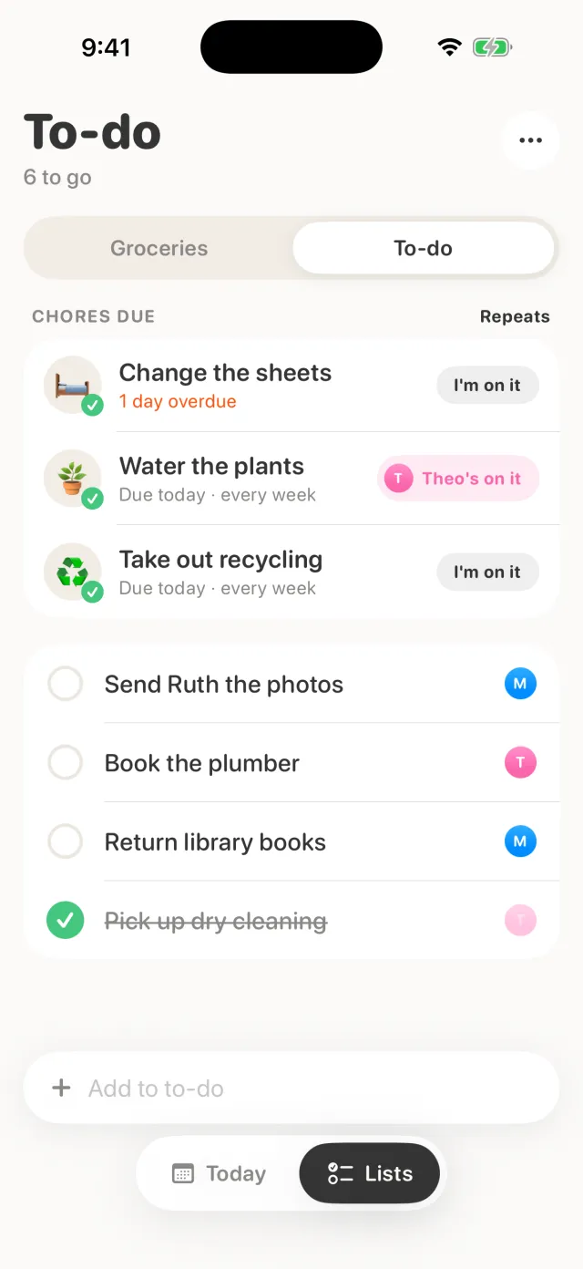 Kindred's To-do list with chores due and who is on them.