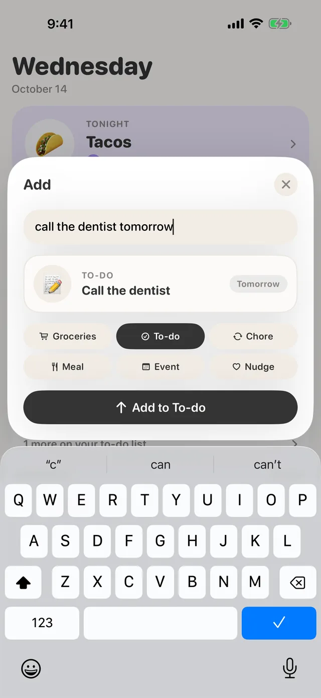 The add tray turning "call the dentist tomorrow" into a to-do with a Tomorrow chip.