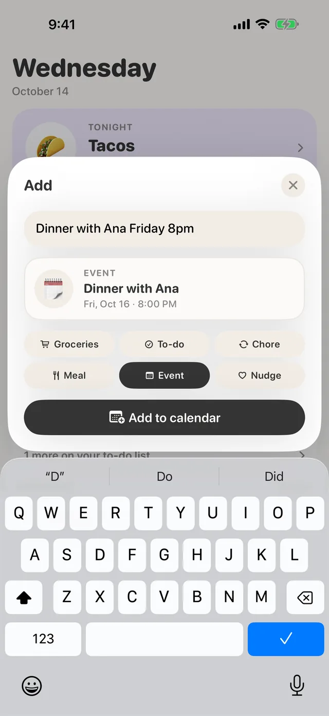 The same tray turning a dinner on Friday at 8 into a calendar event.