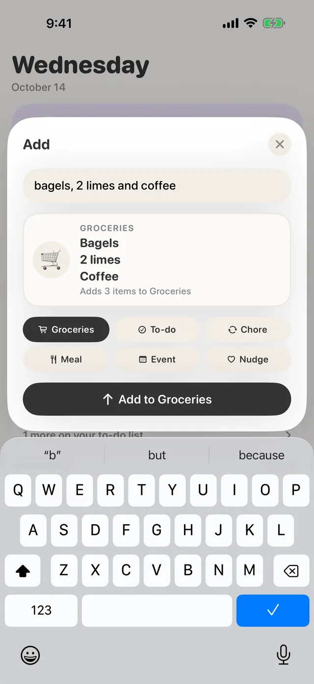 The add tray turning "bagels, 2 limes and coffee" into a Groceries card that adds three items.