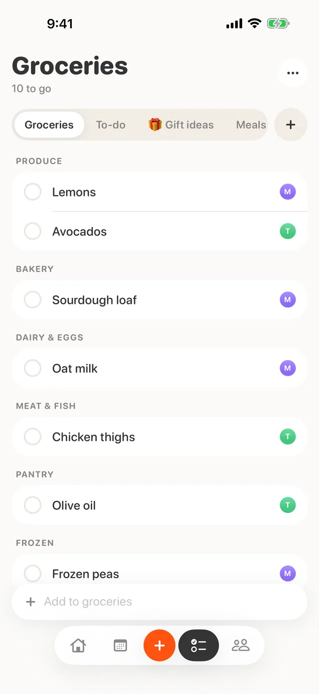 The real Groceries screen: items grouped by aisle, each showing who added it