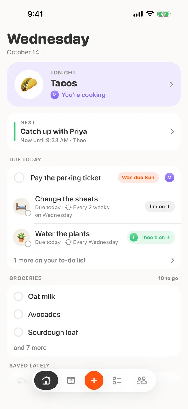 The new Home screen with tonight's meal, the next event, what's due today and the first groceries, over a five-slot tab bar with an orange +.
