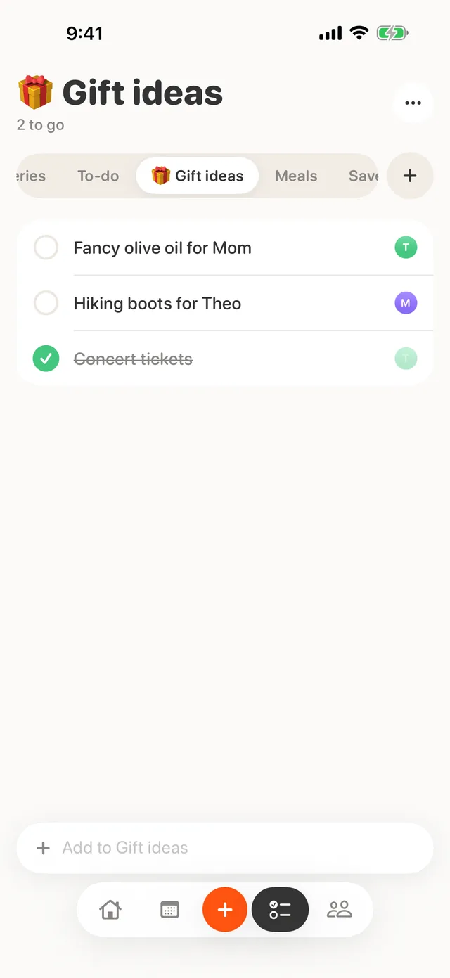 A custom list called Gift ideas