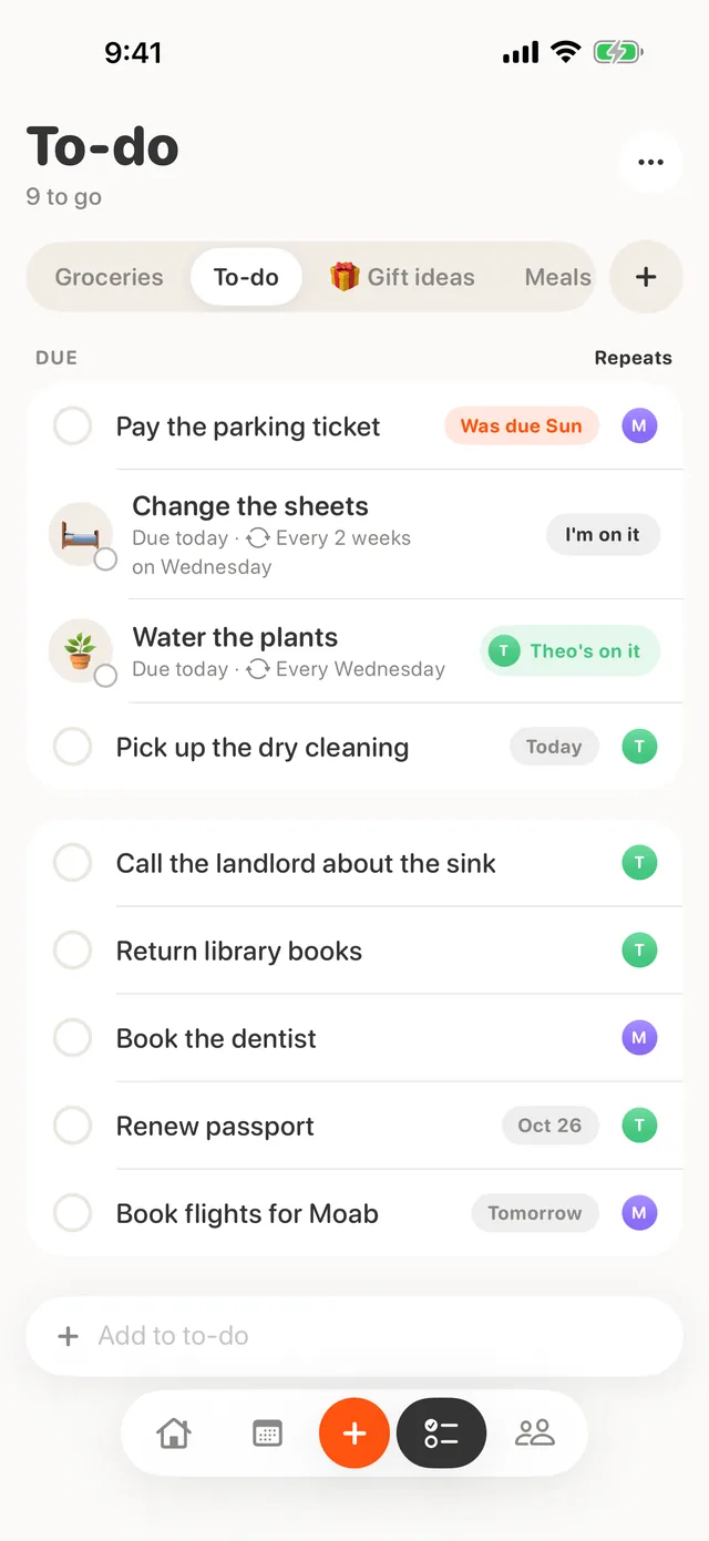 The To-do list with a Due group up top, an overdue parking ticket reading Was due Sun, and chores with I'm on it chips.