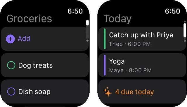 Kindred on Apple Watch: the Groceries list with an Add button, and Today with each person’s plans and four to-dos due