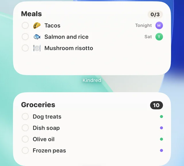 Kindred’s Meals widget with tacos tonight, and its Groceries widget with ten things left
