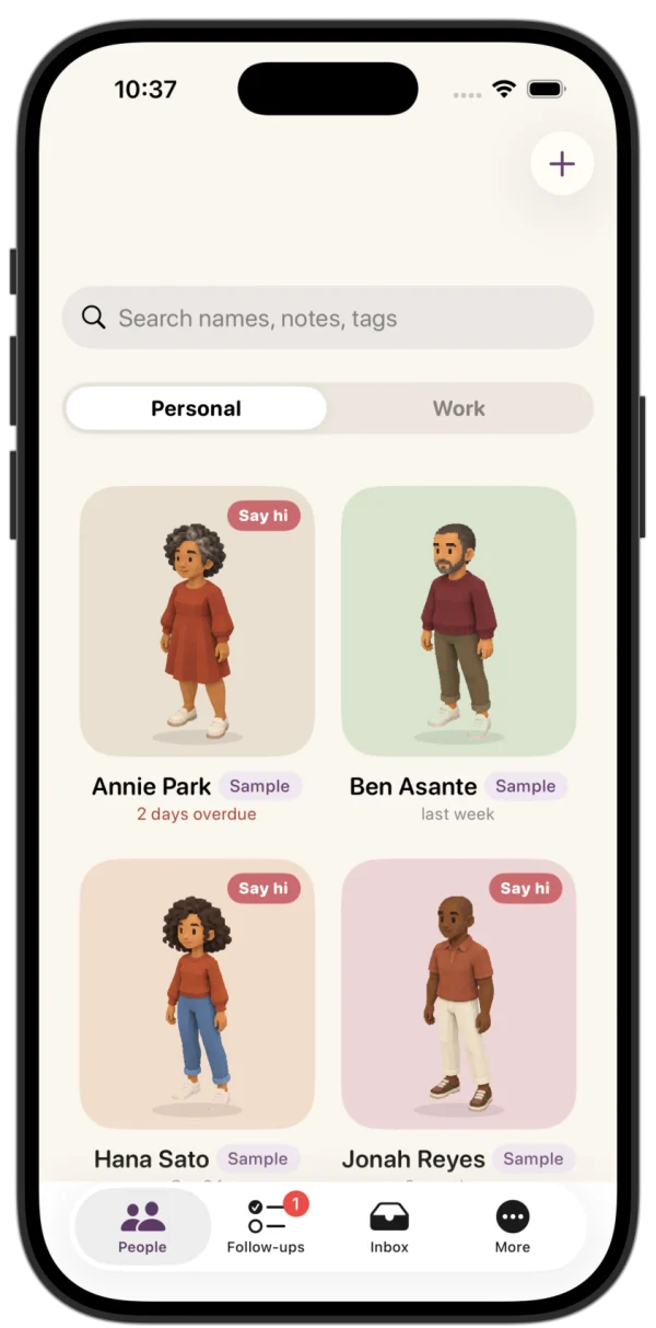 Notebook on iPhone: the same sample people in a two-column grid